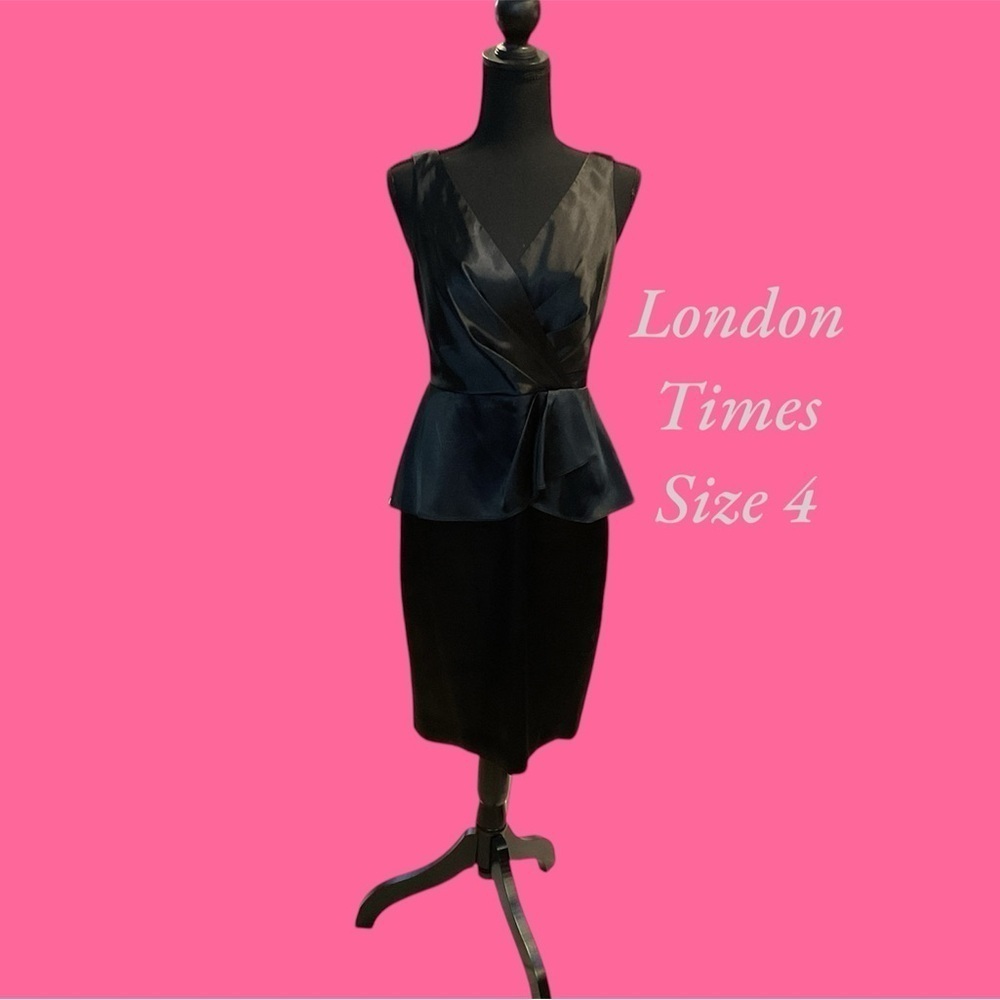 LONDON TIMES SIZE 4 SLEEVELESS MIDI DRESS WITH V NECK BOTH FRONT AND BACK